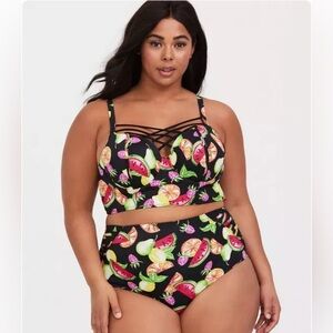 Torrid High Rise Lattice Side Swim Bottom-Black Fruit-Size 6 BOTTOM ONLY